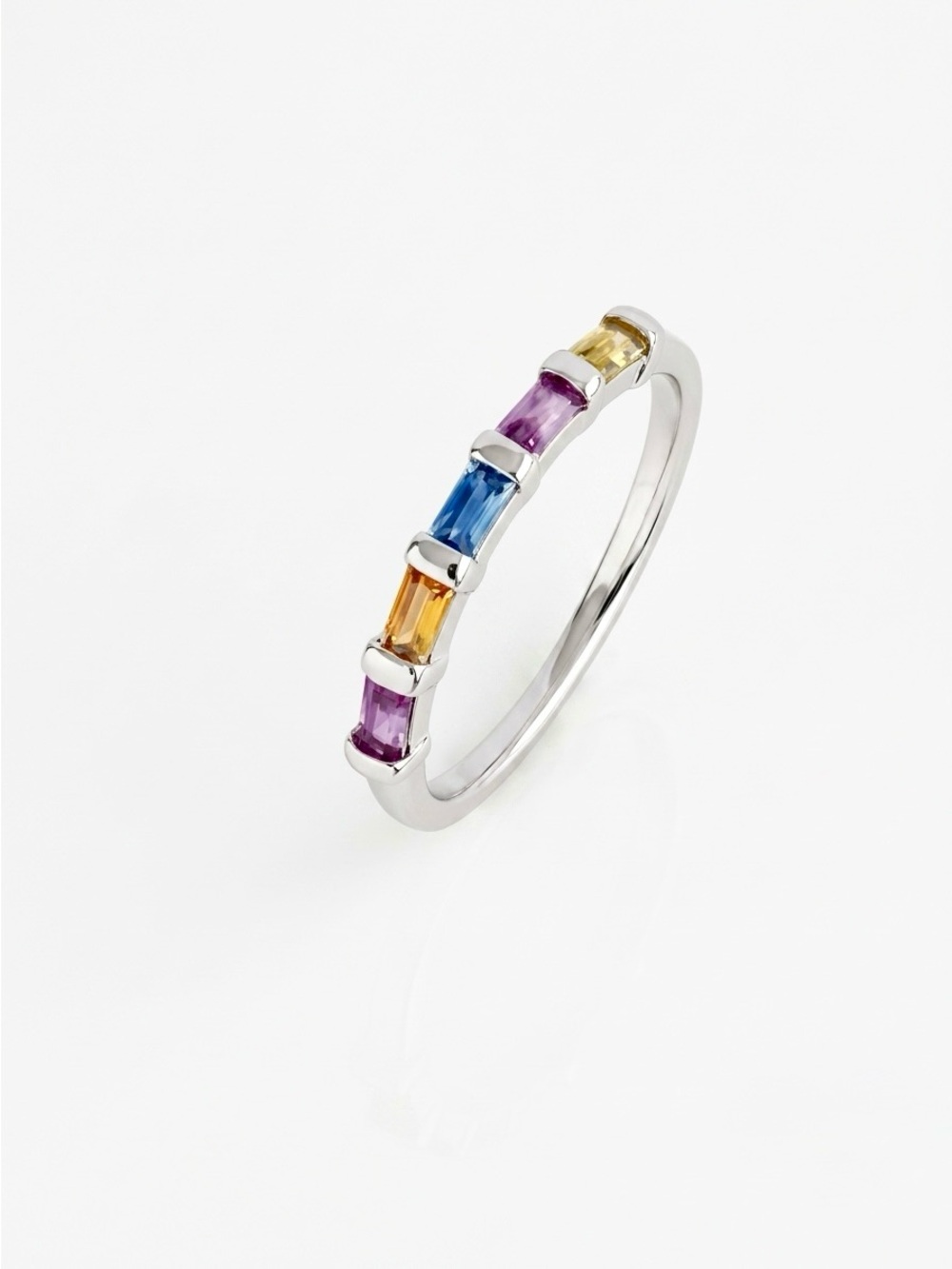 Platinum Plated Multicolor Baguette Crystal Ring | Silver Stackable Band Ring - Picture 5 of 7